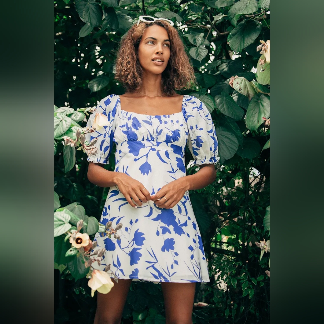 Lulus X Charlie Holiday Celeste Blu/Wh Floral Print Puff Slvs Mini Dress Nwt Xs
